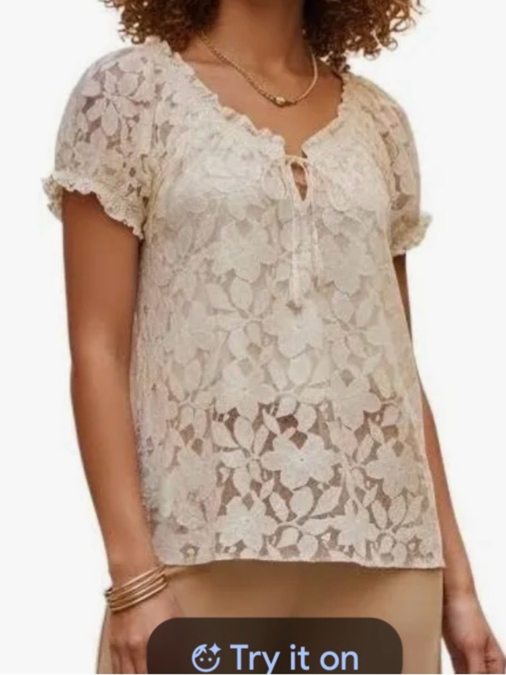 Trulli Womens off white lace and under cami boho casual top short puff s…